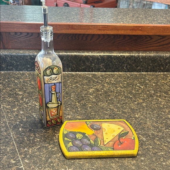 Vintage Kitchen Decor Set Glass Cruet + Ceramic Glass Cheese/Grazing Board - Picture 2 of 13